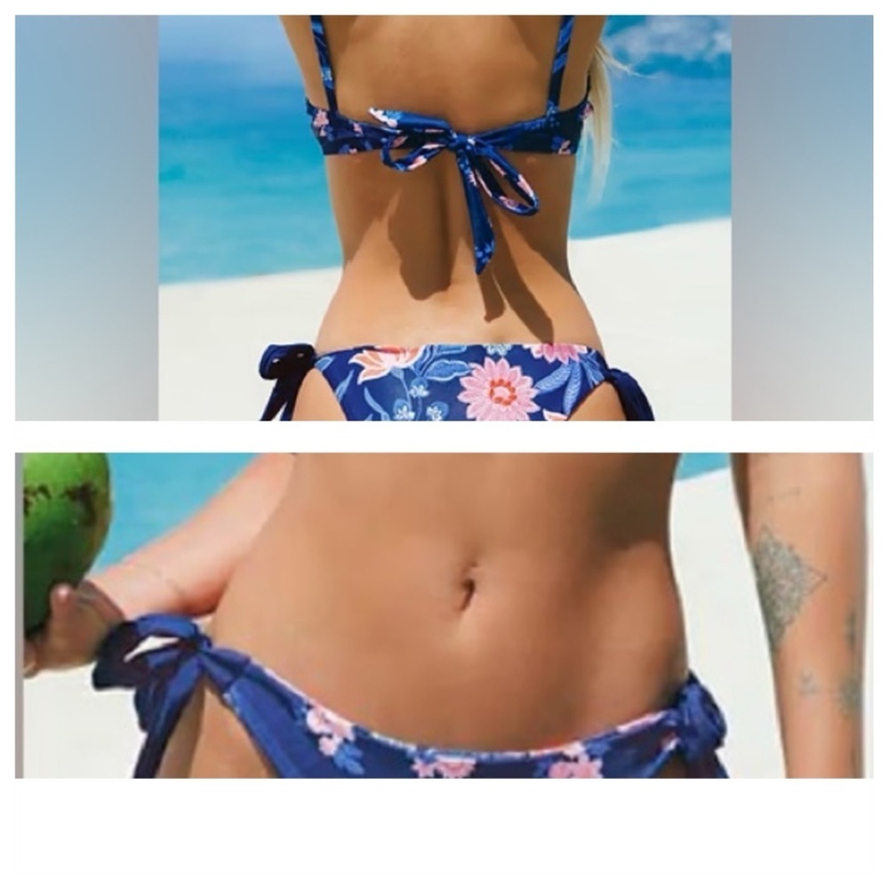NWT Cupshe sz L Blue Pink Floral Side Tie Bikini Bottoms